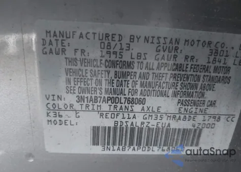 2013 Nissan Sentra Sr из США, поврежденный, VIN 3N1AB7AP0DL768060